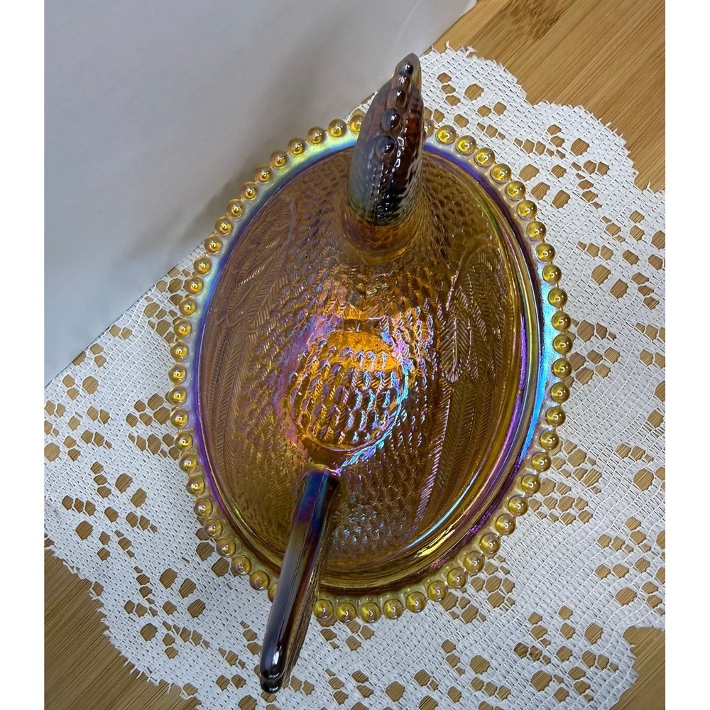 Indiana Glass Amber Carnival Glass Hen on Nest Beaded Candy Dish Vintage - Picture 15 of 16